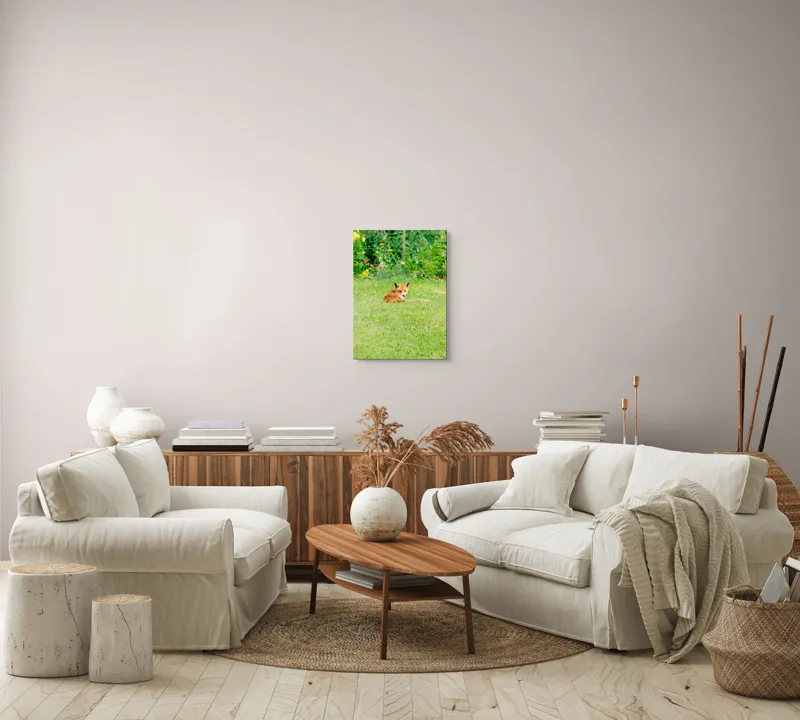 Tablou Canvas, "Vulpea odihnindu-se în grădină verde", Vulpe, Verdeață, Flori, Relaxare, Natură, Culoare, Curiozitate, Privire, Grădină, Peisaj, 39 x 54 cm – poza 5