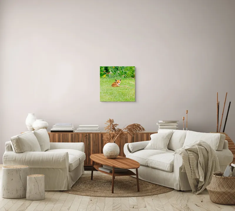 Tablou Canvas, "Vulpea odihnindu-se în grădină verde", Vulpe, Verdeață, Flori, Relaxare, Natură, Culoare, Curiozitate, Privire, Grădină, Peisaj, 50 x 50 cm – poza 7