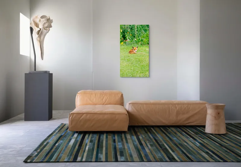 Tablou Canvas, "Vulpea odihnindu-se în grădină verde", Vulpe, Verdeață, Flori, Relaxare, Natură, Culoare, Curiozitate, Privire, Grădină, Peisaj, 50 x 90 cm – poza 5