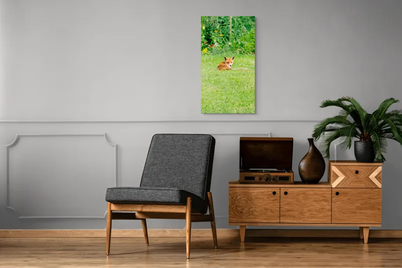 Tablou Canvas, "Vulpea odihnindu-se în grădină verde", Vulpe, Verdeață, Flori, Relaxare, Natură, Culoare, Curiozitate, Privire, Grădină, Peisaj, 50 x 90 cm – poza 8