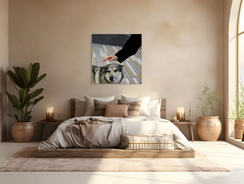 Tablou Canvas, "Persoană mângâind un câine prietenos", Câine, Mângâiere, Blană, Privire, Afecțiune, Exterior, Bariere, Zid, Acțiune, 100 x 100 cm – poza 4