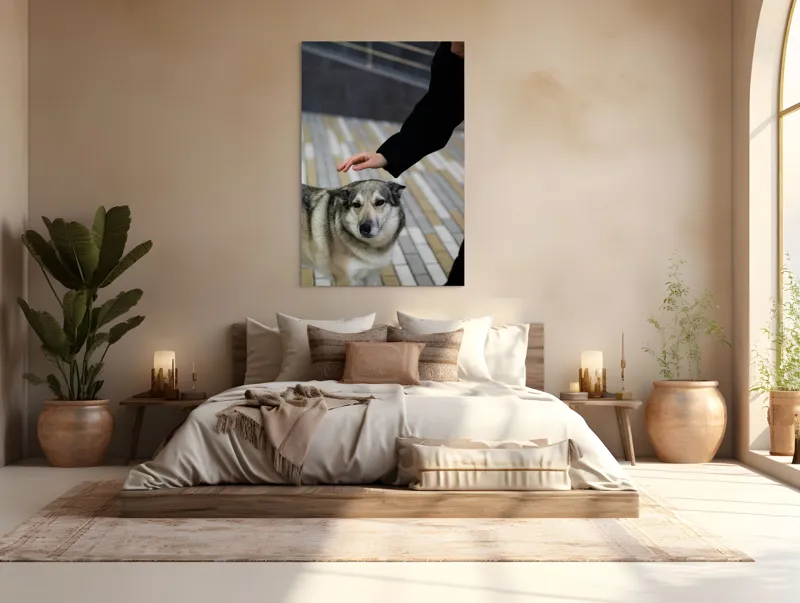 Tablou Canvas, "Persoană mângâind un câine prietenos", Câine, Mângâiere, Blană, Privire, Afecțiune, Exterior, Bariere, Zid, Acțiune, 100 x 150 cm – poza 3