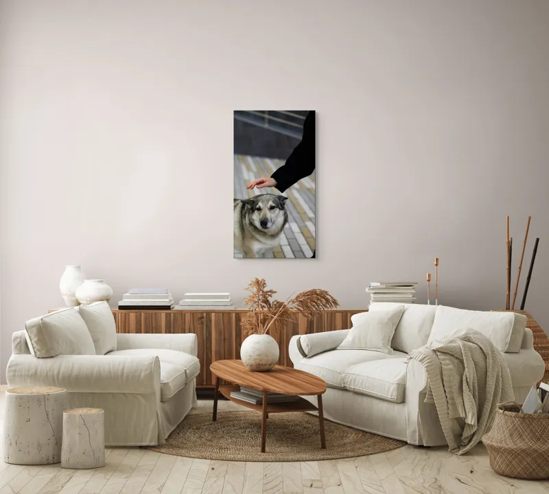 Tablou Canvas, "Persoană mângâind un câine prietenos", Câine, Mângâiere, Blană, Privire, Afecțiune, Exterior, Bariere, Zid, Acțiune, 50 x 90 cm – poza 7