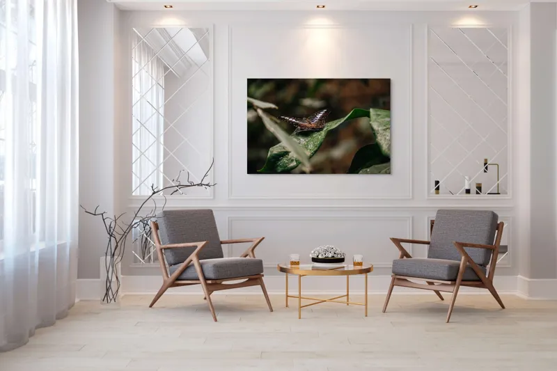 Tablou Canvas, "Fluture pe frunza udă în pădure", Aripi, Frunza, Picături, Natură, Fragilitate, Verde, Eleganță, Zbor, 150 x 100 cm – poza 7
