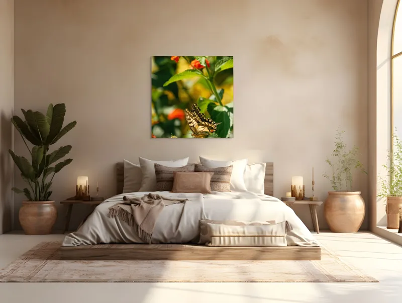 Tablou Canvas, "Fluture grațios pe flori portocalii", Fluture, Aripi, Floare, Portocaliu, Verde, Vreme, Soare, Natura, Frumusete, Gratie, 100 x 100 cm – poza 4