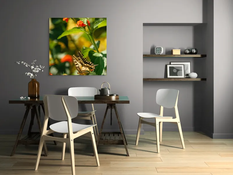 Tablou Canvas, "Fluture grațios pe flori portocalii", Fluture, Aripi, Floare, Portocaliu, Verde, Vreme, Soare, Natura, Frumusete, Gratie, 100 x 100 cm – poza 6