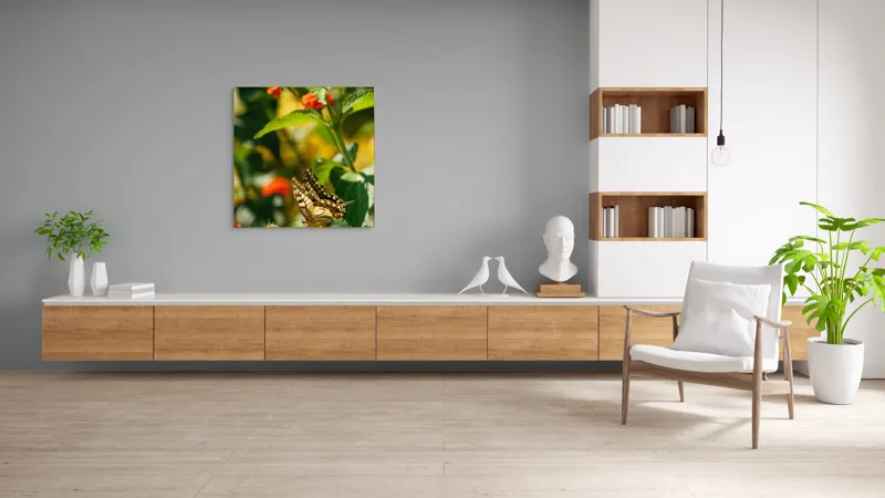 Tablou Canvas, "Fluture grațios pe flori portocalii", Fluture, Aripi, Floare, Portocaliu, Verde, Vreme, Soare, Natura, Frumusete, Gratie, 100 x 100 cm – poza 8