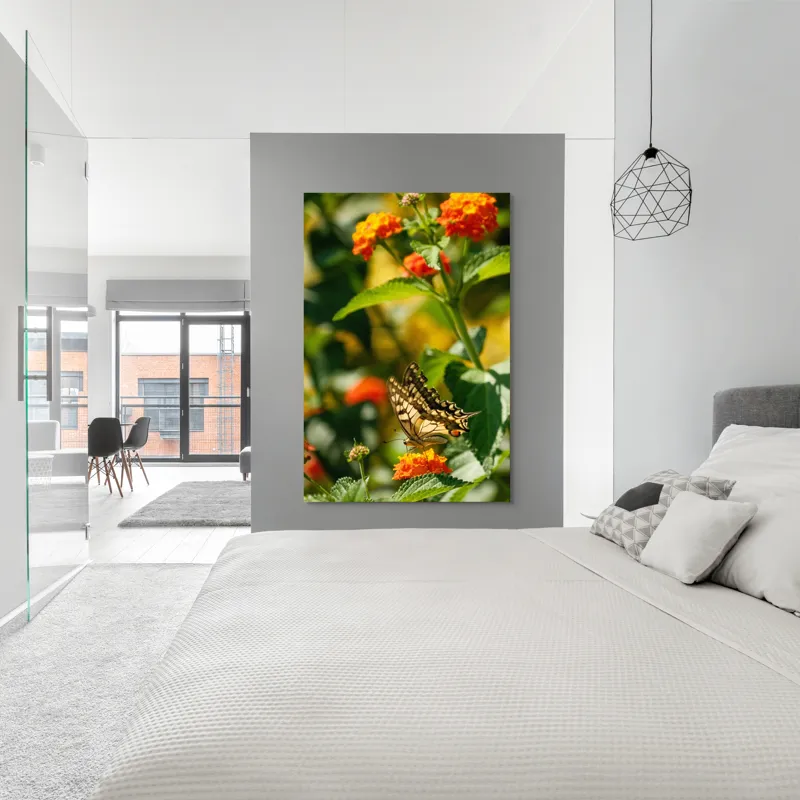 Tablou Canvas, "Fluture grațios pe flori portocalii", Fluture, Aripi, Floare, Portocaliu, Verde, Vreme, Soare, Natura, Frumusete, Gratie, 100 x 150 cm – poza 5
