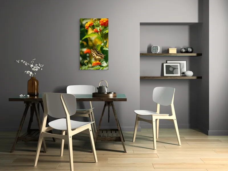 Tablou Canvas, "Fluture grațios pe flori portocalii", Fluture, Aripi, Floare, Portocaliu, Verde, Vreme, Soare, Natura, Frumusete, Gratie, 50 x 90 cm – poza 4