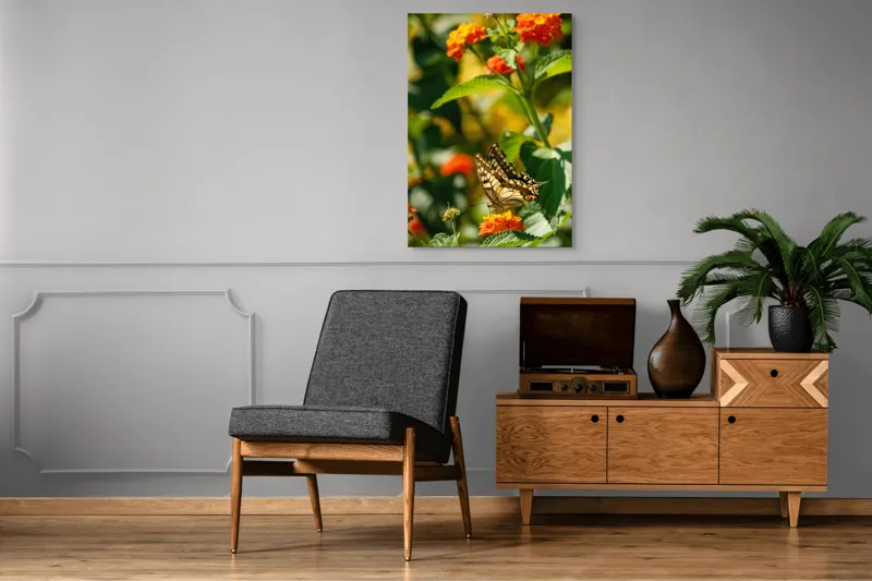 Tablou Canvas, "Fluture grațios pe flori portocalii", Fluture, Aripi, Floare, Portocaliu, Verde, Vreme, Soare, Natura, Frumusete, Gratie, 70 x 100 cm – poza 6