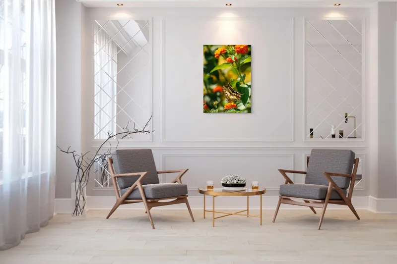 Tablou Canvas, "Fluture grațios pe flori portocalii", Fluture, Aripi, Floare, Portocaliu, Verde, Vreme, Soare, Natura, Frumusete, Gratie, 70 x 100 cm – poza 8