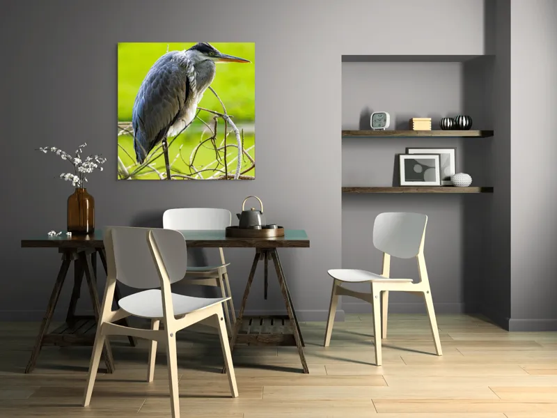 Tablou Canvas, "Egreta în așteptarea prăzii", Pasăre, Stuf, Pene, Gât-Lung, Ochi, Cioc, Ramură, Verde, Natură., 100 x 100 cm – poza 6