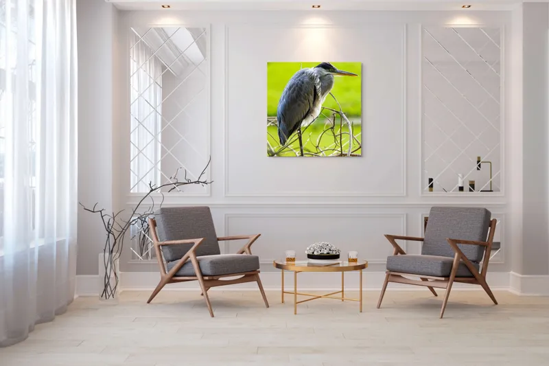 Tablou Canvas, "Egreta în așteptarea prăzii", Pasăre, Stuf, Pene, Gât-Lung, Ochi, Cioc, Ramură, Verde, Natură., 100 x 100 cm – poza 7