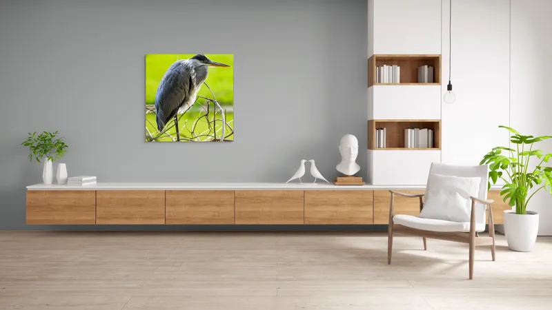 Tablou Canvas, "Egreta în așteptarea prăzii", Pasăre, Stuf, Pene, Gât-Lung, Ochi, Cioc, Ramură, Verde, Natură., 100 x 100 cm – poza 8