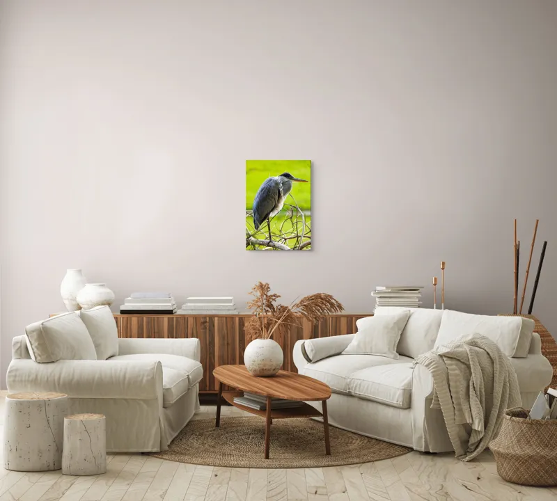 Tablou Canvas, "Egreta în așteptarea prăzii", Pasăre, Stuf, Pene, Gât-Lung, Ochi, Cioc, Ramură, Verde, Natură., 39 x 54 cm – poza 5