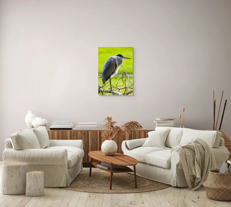 Tablou Canvas, "Egreta în așteptarea prăzii", Pasăre, Stuf, Pene, Gât-Lung, Ochi, Cioc, Ramură, Verde, Natură., 50 x 70 cm – poza 4