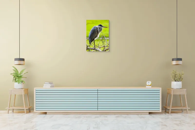 Tablou Canvas, "Egreta în așteptarea prăzii", Pasăre, Stuf, Pene, Gât-Lung, Ochi, Cioc, Ramură, Verde, Natură., 50 x 70 cm – poza 6