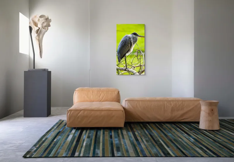 Tablou Canvas, "Egreta în așteptarea prăzii", Pasăre, Stuf, Pene, Gât-Lung, Ochi, Cioc, Ramură, Verde, Natură., 50 x 90 cm – poza 5
