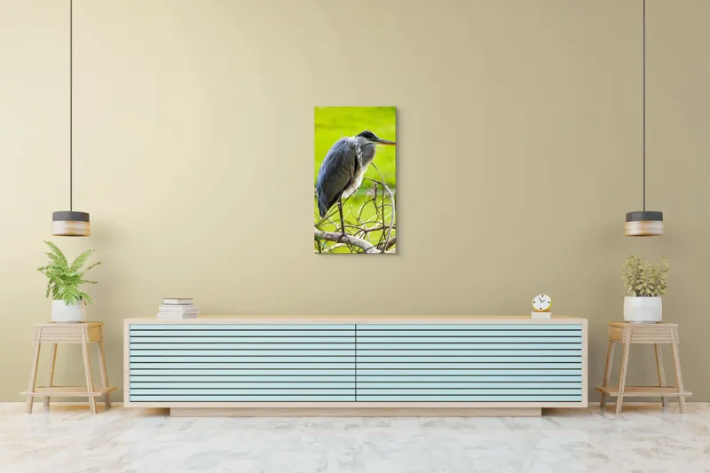 Tablou Canvas, "Egreta în așteptarea prăzii", Pasăre, Stuf, Pene, Gât-Lung, Ochi, Cioc, Ramură, Verde, Natură., 50 x 90 cm – poza 6