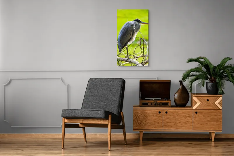 Tablou Canvas, "Egreta în așteptarea prăzii", Pasăre, Stuf, Pene, Gât-Lung, Ochi, Cioc, Ramură, Verde, Natură., 50 x 90 cm – poza 8