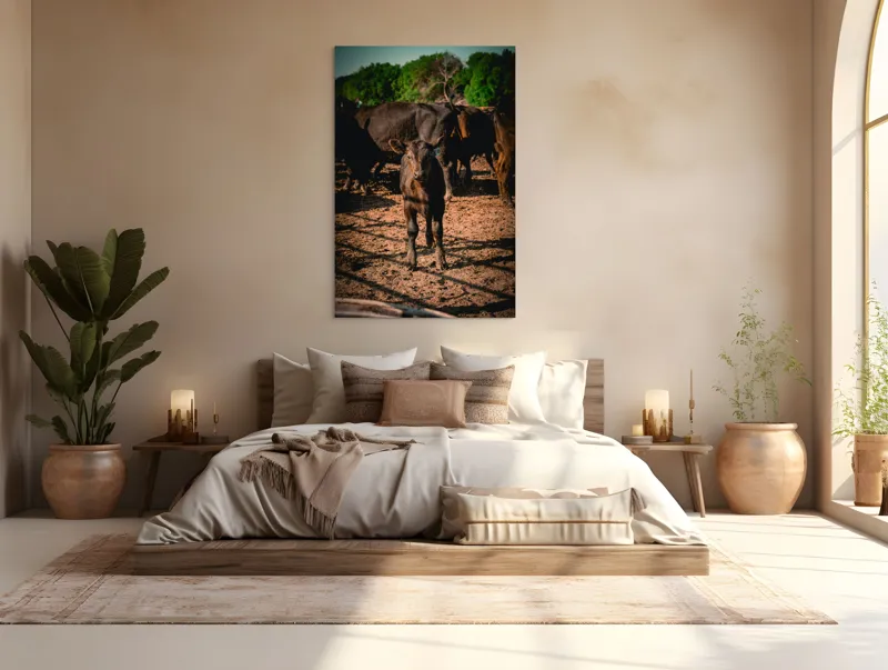 Tablou Canvas, "Vițel curios în lumina dimineții", Vițel, Pământ, Curiozitate, Troupe, Natură, Umbre, Verdeață, Cer., 100 x 150 cm – poza 3