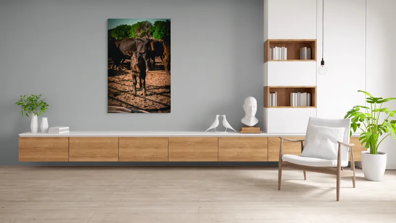 Tablou Canvas, "Vițel curios în lumina dimineții", Vițel, Pământ, Curiozitate, Troupe, Natură, Umbre, Verdeață, Cer., 100 x 150 cm – poza 8