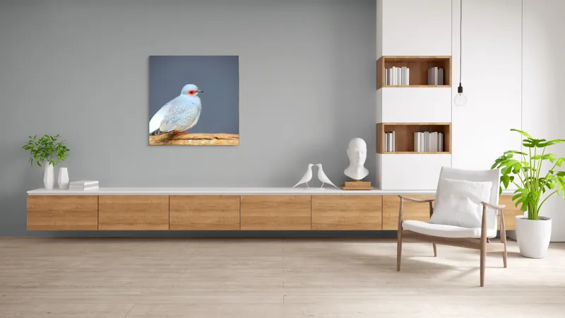 Tablou Canvas, "Porumbel în așteptarea zborului liniștit", Pasăre, Ochi, Roșu, Penaj, Gri, Butuc, Lemn, Elegant, Plinătate, Naturalete, 100 x 100 cm – poza 8
