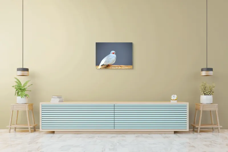 Tablou Canvas, "Porumbel în așteptarea zborului liniștit", Pasăre, Ochi, Roșu, Penaj, Gri, Butuc, Lemn, Elegant, Plinătate, Naturalete, 70 x 50 cm – poza 7