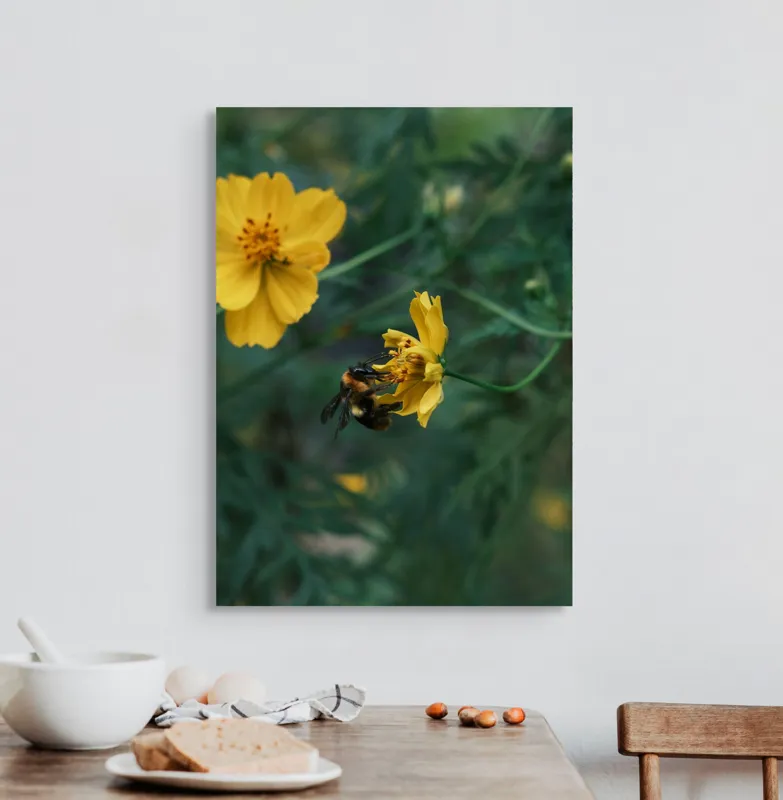 Tablou Canvas, "Bondarul și floarea galbenă în grădină", Floare, Albina, Polenizare, Natura, Verde, Petale, Galben, Fragilitate., 50 x 70 cm – poza 3