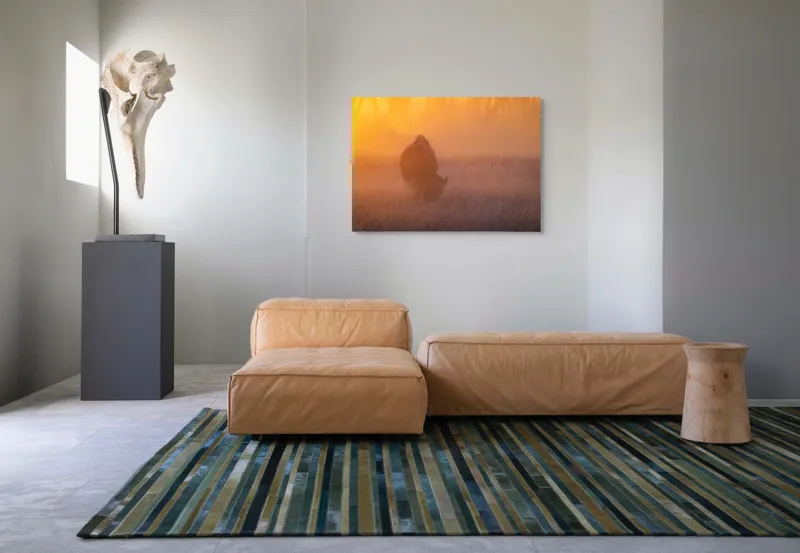 Tablou Canvas, "Bizon în lumina dimineții mistice", Bizon, Răsărit, Ceață, Pajiște, Serenitate, Siluetă, Lumină, Natură, Dimineață, Peisaj, 100 x 70 cm – poza 7