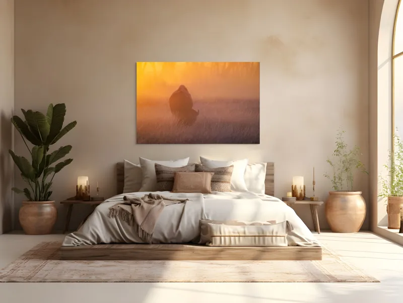 Tablou Canvas, "Bizon în lumina dimineții mistice", Bizon, Răsărit, Ceață, Pajiște, Serenitate, Siluetă, Lumină, Natură, Dimineață, Peisaj, 150 x 100 cm – poza 4