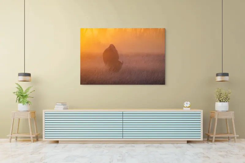 Tablou Canvas, "Bizon în lumina dimineții mistice", Bizon, Răsărit, Ceață, Pajiște, Serenitate, Siluetă, Lumină, Natură, Dimineață, Peisaj, 150 x 100 cm – poza 6