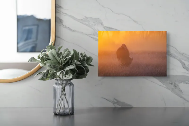 Tablou Canvas, "Bizon în lumina dimineții mistice", Bizon, Răsărit, Ceață, Pajiște, Serenitate, Siluetă, Lumină, Natură, Dimineață, Peisaj, 39 x 26 cm – poza 5