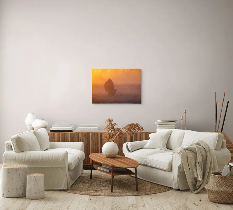 Tablou Canvas, "Bizon în lumina dimineții mistice", Bizon, Răsărit, Ceață, Pajiște, Serenitate, Siluetă, Lumină, Natură, Dimineață, Peisaj, 70 x 50 cm – poza 6