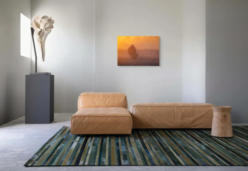 Tablou Canvas, "Bizon în lumina dimineții mistice", Bizon, Răsărit, Ceață, Pajiște, Serenitate, Siluetă, Lumină, Natură, Dimineață, Peisaj, 70 x 50 cm – poza 8