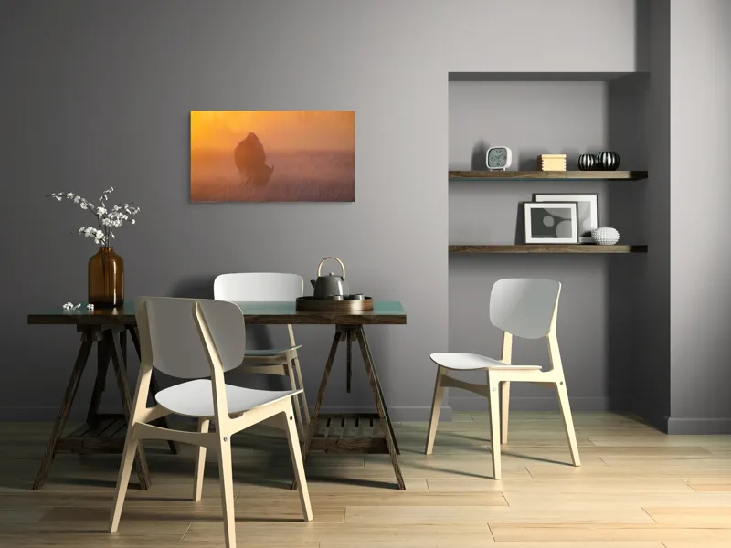 Tablou Canvas, "Bizon în lumina dimineții mistice", Bizon, Răsărit, Ceață, Pajiște, Serenitate, Siluetă, Lumină, Natură, Dimineață, Peisaj, 90 x 50 cm – poza 3