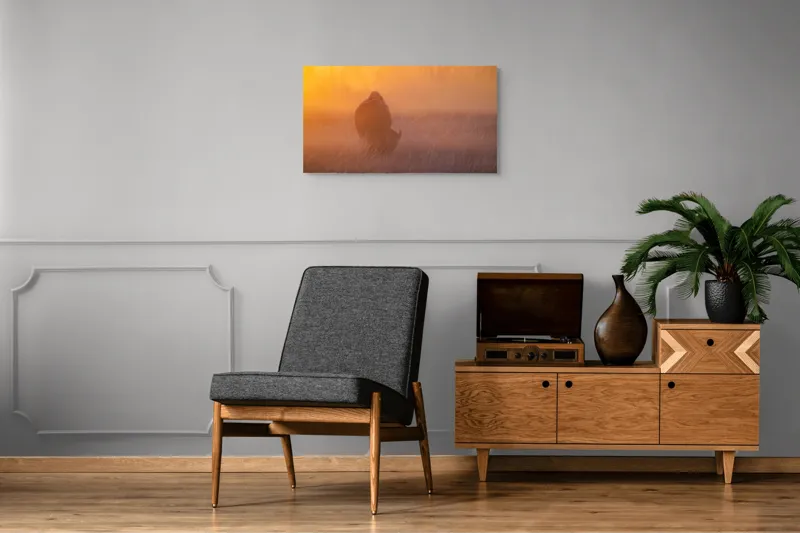 Tablou Canvas, "Bizon în lumina dimineții mistice", Bizon, Răsărit, Ceață, Pajiște, Serenitate, Siluetă, Lumină, Natură, Dimineață, Peisaj, 90 x 50 cm – poza 6