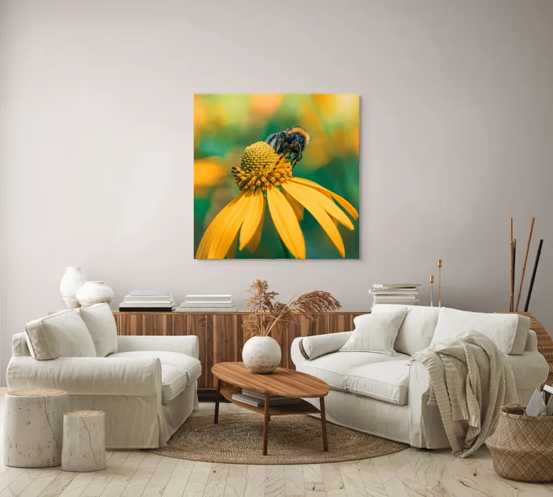 Tablou Canvas, "Albină pe petale aurii ale verii", Albina, Floare, Galben, Natură, Detaliu, Blând., 100 x 100 cm – poza 3