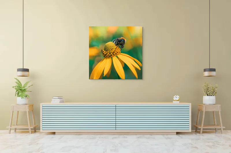 Tablou Canvas, "Albină pe petale aurii ale verii", Albina, Floare, Galben, Natură, Detaliu, Blând., 100 x 100 cm – poza 5