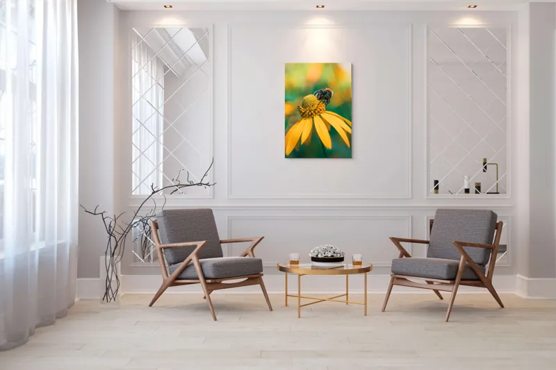 Tablou Canvas, "Albină pe petale aurii ale verii", Albina, Floare, Galben, Natură, Detaliu, Blând., 70 x 100 cm – poza 8