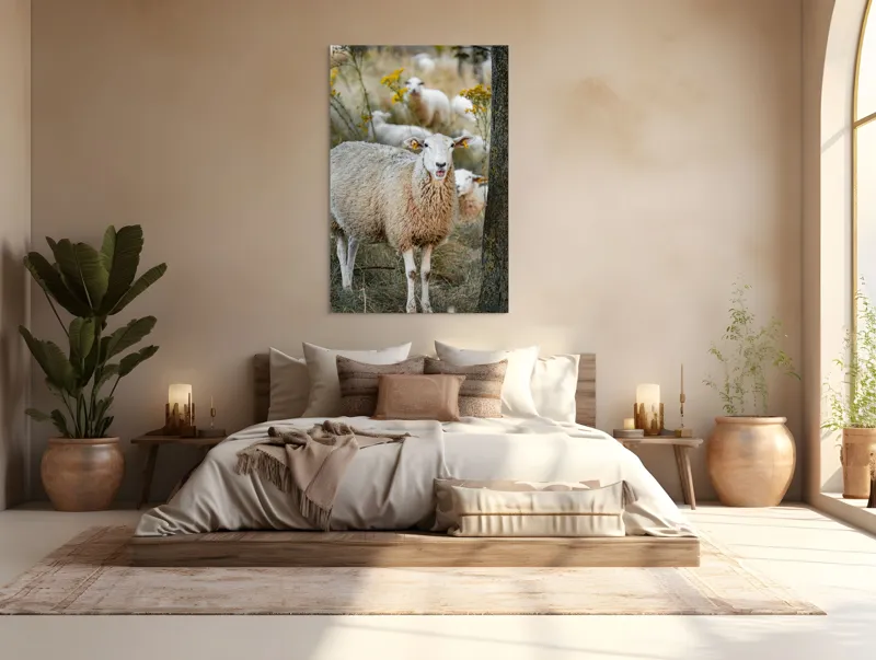 Tablou Canvas, "Oile în lumina apusului de toamnă", Oaie, Pășune, Flori, Copac, Blană, Cercei, Toamnă, Natură, Iarbă, Turmă, 100 x 150 cm – poza 3