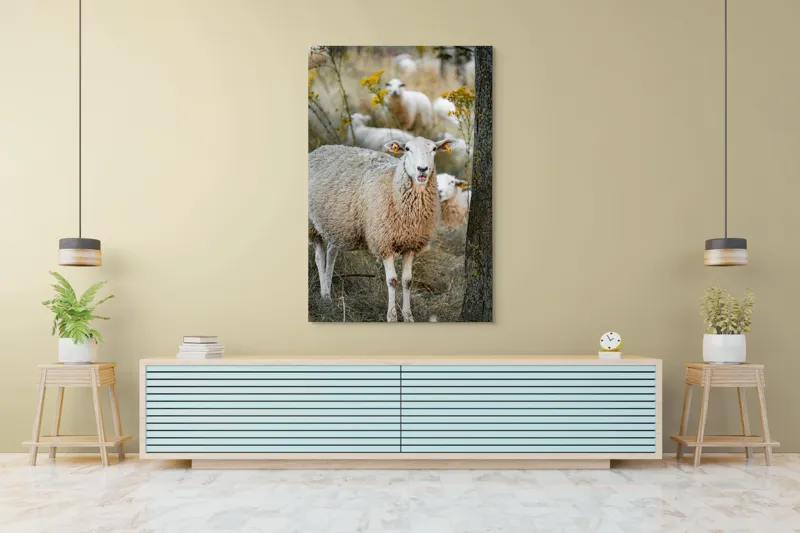 Tablou Canvas, "Oile în lumina apusului de toamnă", Oaie, Pășune, Flori, Copac, Blană, Cercei, Toamnă, Natură, Iarbă, Turmă, 100 x 150 cm – poza 4
