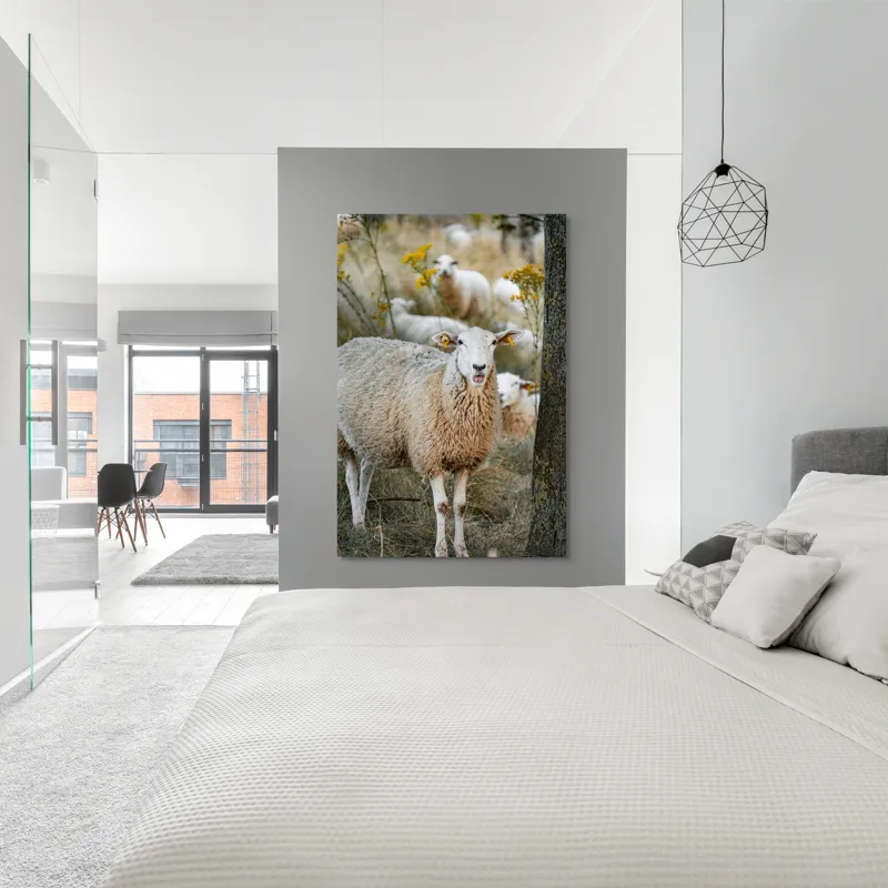 Tablou Canvas, "Oile în lumina apusului de toamnă", Oaie, Pășune, Flori, Copac, Blană, Cercei, Toamnă, Natură, Iarbă, Turmă, 100 x 150 cm – poza 5
