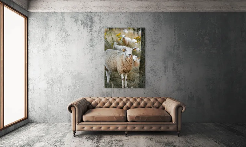 Tablou Canvas, "Oile în lumina apusului de toamnă", Oaie, Pășune, Flori, Copac, Blană, Cercei, Toamnă, Natură, Iarbă, Turmă, 100 x 150 cm – poza 6