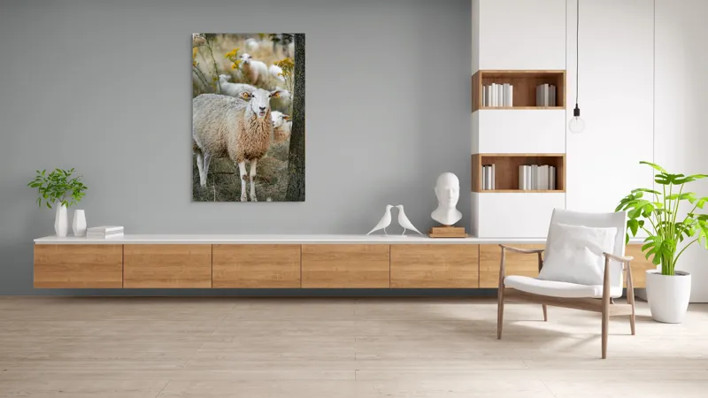 Tablou Canvas, "Oile în lumina apusului de toamnă", Oaie, Pășune, Flori, Copac, Blană, Cercei, Toamnă, Natură, Iarbă, Turmă, 100 x 150 cm – poza 8