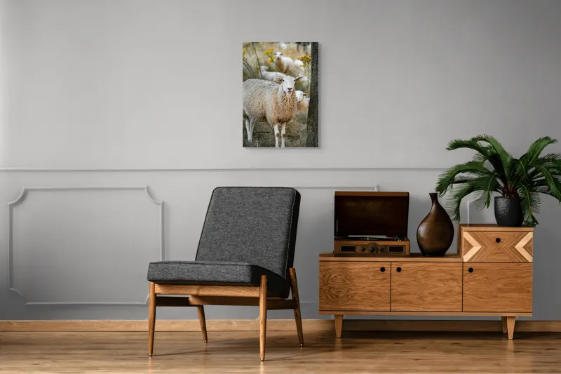 Tablou Canvas, "Oile în lumina apusului de toamnă", Oaie, Pășune, Flori, Copac, Blană, Cercei, Toamnă, Natură, Iarbă, Turmă, 50 x 70 cm – poza 8