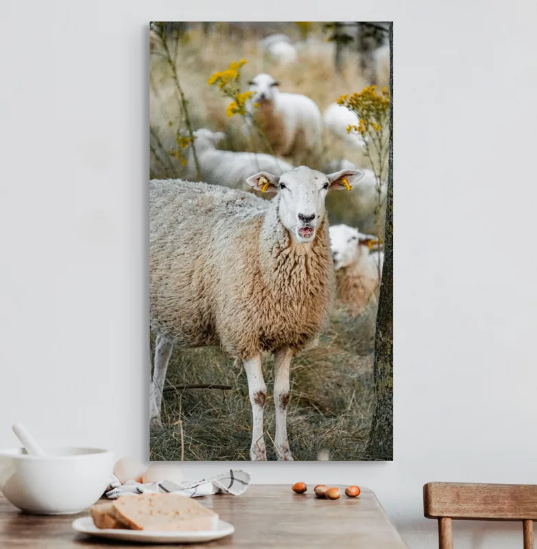 Tablou Canvas, "Oile în lumina apusului de toamnă", Oaie, Pășune, Flori, Copac, Blană, Cercei, Toamnă, Natură, Iarbă, Turmă, 50 x 90 cm – poza 3