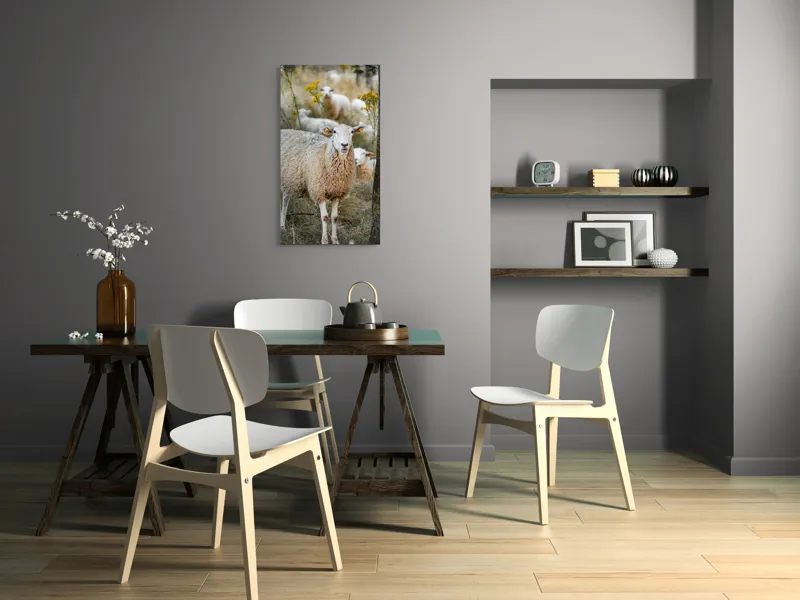 Tablou Canvas, "Oile în lumina apusului de toamnă", Oaie, Pășune, Flori, Copac, Blană, Cercei, Toamnă, Natură, Iarbă, Turmă, 50 x 90 cm – poza 4
