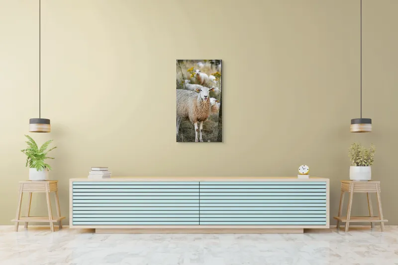 Tablou Canvas, "Oile în lumina apusului de toamnă", Oaie, Pășune, Flori, Copac, Blană, Cercei, Toamnă, Natură, Iarbă, Turmă, 50 x 90 cm – poza 6