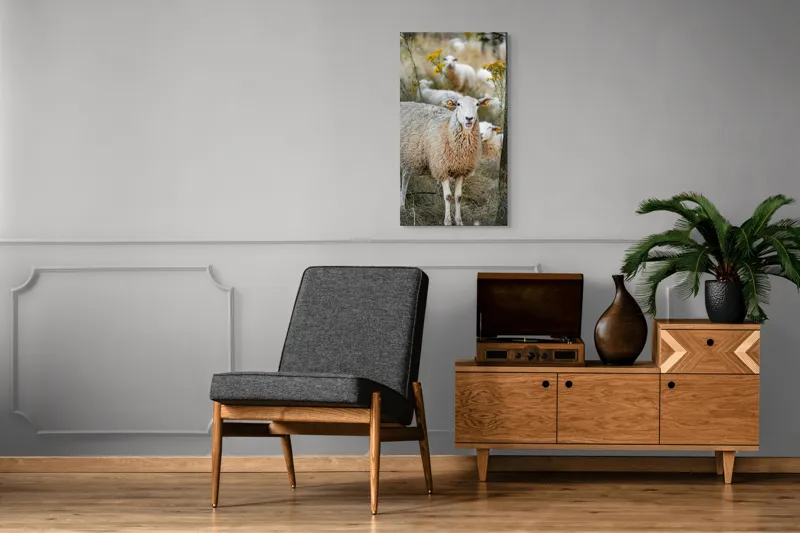 Tablou Canvas, "Oile în lumina apusului de toamnă", Oaie, Pășune, Flori, Copac, Blană, Cercei, Toamnă, Natură, Iarbă, Turmă, 50 x 90 cm – poza 8